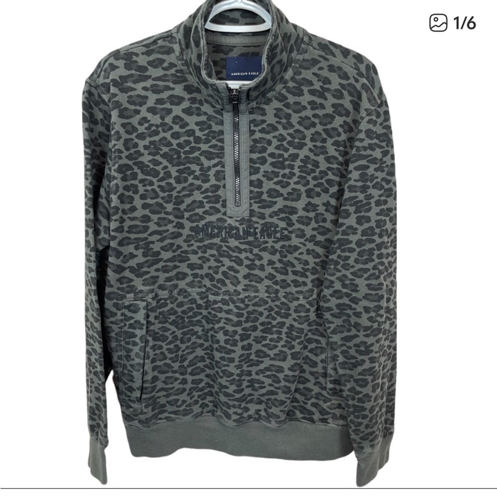 American Eagle Gray Cheetah Print Quarter Zip Embroidered Logo Pullover Womens M